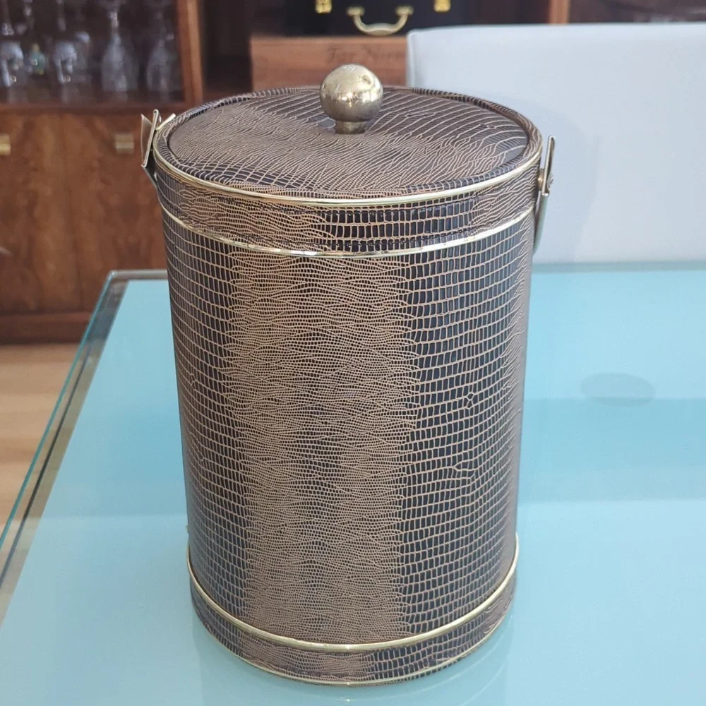 Hollywood Regency Ice Bucket, Brown Faux Alligator, Mid-Century Modern Barware